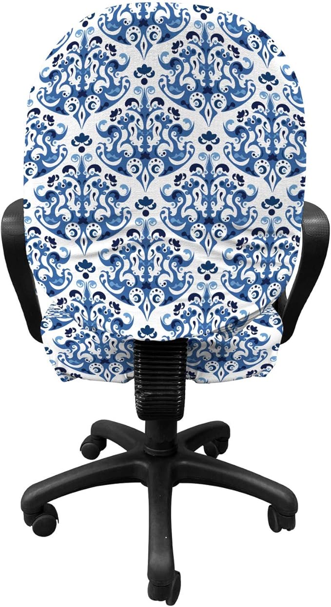 Ambesonne Indigo Office Chair Slipcover, Victorian Style Floral Design Vintage Print, Protective Stretch Decorative Fabric Cover, Standard Size, Azure Blue