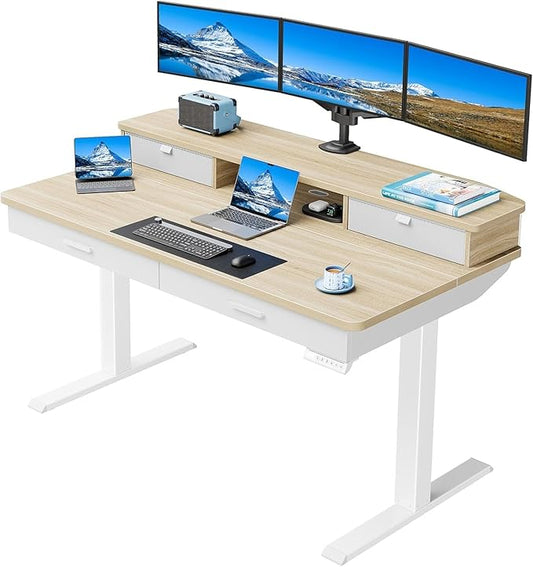 HUANUO 55 x 30 inch Standing Desk with Wood Drawers,Electric Stand up Home Office Desk Adjustable Height with Two Tiers, Natural Ergonomic Stand up Desk with Monitor Stand