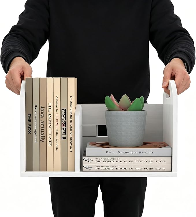 Wood Desktop Bookshelf, Upright Tabletop Book Shelf With Adjustable Divider Secure Books in Place, Desk Shelf for Top of Desk in Living Room Home Office, Perfect for Books Magazine File (White)