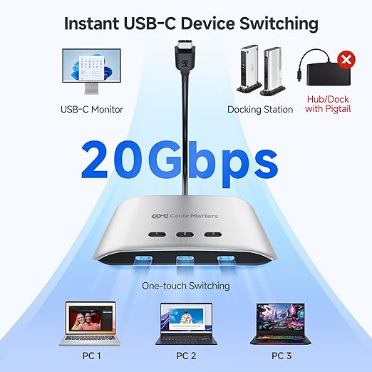 Cable Matters 20Gbps USB C Switch, 3-in-1-Out, Supports Up to 8K@30Hz on Windows, 4K@60Hz on macOS, 140W PD, for Sharing a USB-C/Thunderbolt 4 Monitor or Dock (Not Work with Captive Cable Docks)