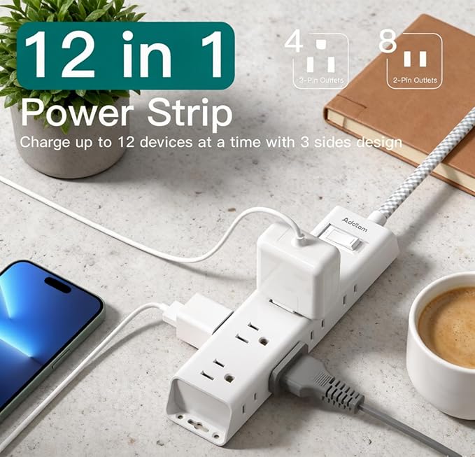 Addtam White Braided Power Strip Surge Protector with 12 Outlets, Flat Plug 10FT Extension Cord, 3-Side Wide Spaced Outlet Extender, Wall Mount Desk Charging Station for Home Office Garage
