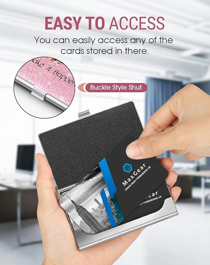 MaxGear Metal Business Card Holder for Men & Women, Stainless Steel Business Card Case Holds 10–20 Cards, Slim Pocket Name Cards Holder with Interior Lining & Buckle Closure, Pink