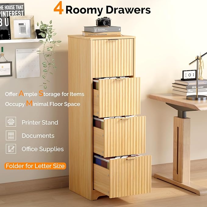 VINGLI Tall 4 Drawer File Cabinet, Home Office Filing Organizer, for Letter Size File Folder Storage, Modern Style Fluted Design, Wood Vertical Filing Cabinet, Printer Stand, Archivador (Oak)
