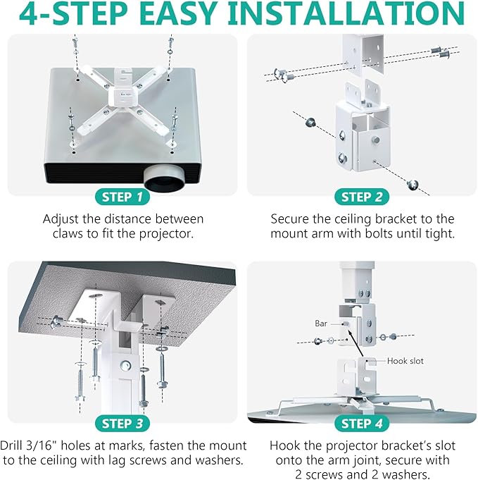 WALI Projector Mount Ceiling/Wall - Universal 3-in-1 Bracket with Extension Pole, Height Adjustable Holder for LCD/DLP Projectors, Supports up to 44lbs (PM-003-W), White