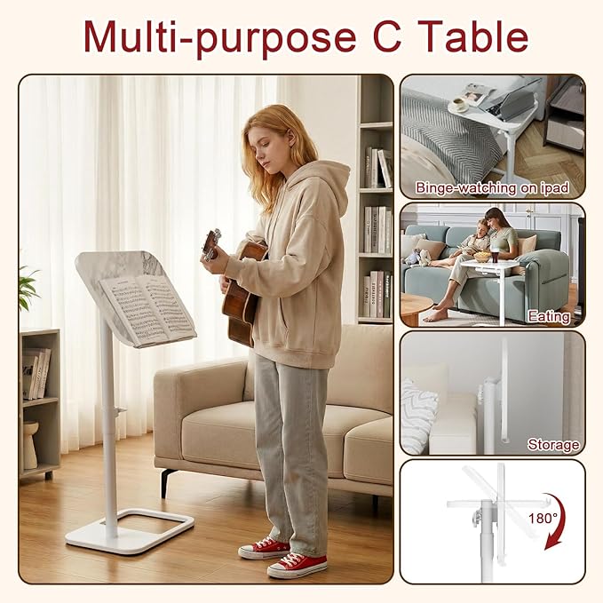 GOYLSER Adjustable Height Sofa C Table, 360° Swivel/180° Flip-Over Panel Side Table with Tablet Slots for Small Spaces, Morden TV Tray Couch Tables for Dinner Eating (White Marble)