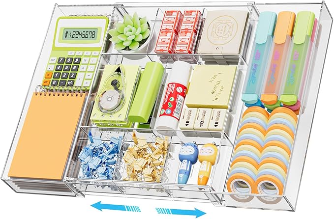 Marbrasse Expandable Desk Drawer Organizer, Clear Plastic Drawer Organizer Tray with 10 Adjustable Compartments, Desk Organizers and Accessories, 5 Drawer Dividers for Office Supplies, Makeup(Clear)