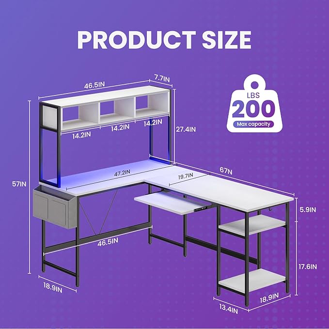 DUMOS L Shaped Gaming Desk 67", Reversible Computer Desk with LED Lights, Corner Desk for Small Spaces with Keyboard Tray & Storage Shelf, Metal Frame PC Gaming Table for Home Office Bedroom, White