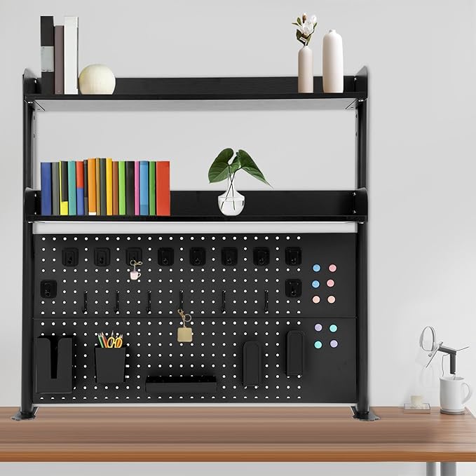 Clamp on Desk Shelf with Pegboard, Desk Extender Pegboard Workstation, Desktop Bookshelf Storage Shelves for Home Office Dorm, 37.4in (Black)