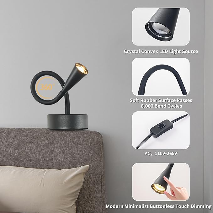 Black Headboard Reading Light, No Drilling Wall Mounted Reading Lights for Bedside, Book Light for Bedtime Reading, Buttonless Dimmable Reading Lamp, Movable Gooseneck Reading Sconces for Bedroom