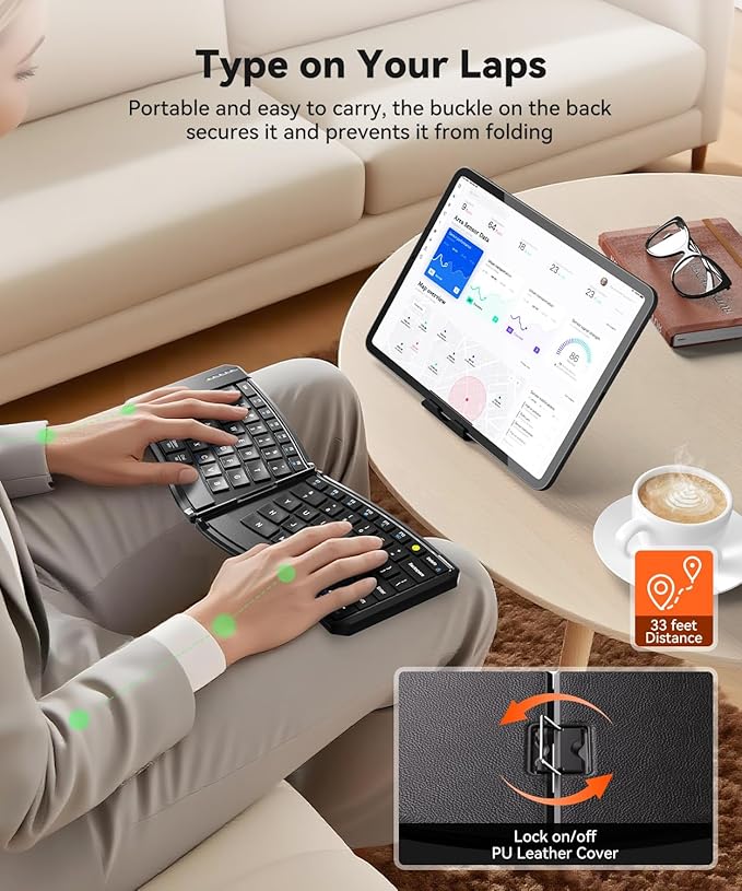 Ergonomic Foldable Keyboard, Portable Folding Travel Bluetooth Keyboard for Business and Travel, 3 Devices Dual-Mode(2.4G+BTx2) Ultra Slim Wireless Keyboards for Windows, iOS, Android, Use on the Leg