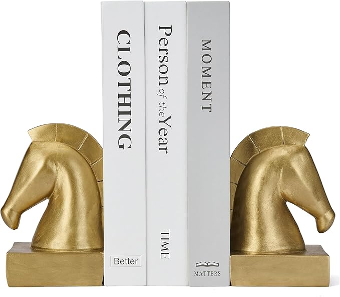 Gold Horse Head Decorative Bookends - Heavy Duty Non-Slip Book stoppers, Horse Statue Book Ends for Shelves, Modern Equestrian Ornaments for Home Farmhouse Shelves Office Lover Gift