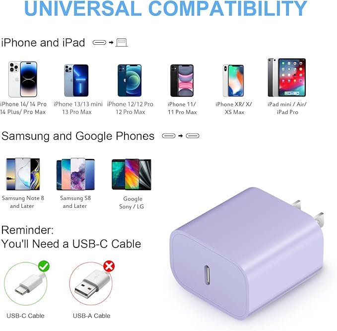 10 Ft iPhone Fast Charger, 2-Pack 20W Super Fast Charger with Long Fast Charging Cable for iPhone 14/13/12/11 Pro Max,14 Plus,Mini,Pro/XS/SE/XR/iPad - Purple