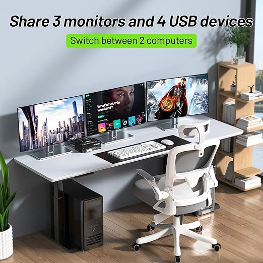 KVM Switch 3 Monitors 2 Computers 8K@60Hz 4K@144Hz, USB 3.0 Triple Monitor KVM Switch with 4 USB 3.0 Ports, 2*Displayport+1*HDMI in,3*HDMI Out,Wired Remote,Power Adapter and USB3.0 Cables Included