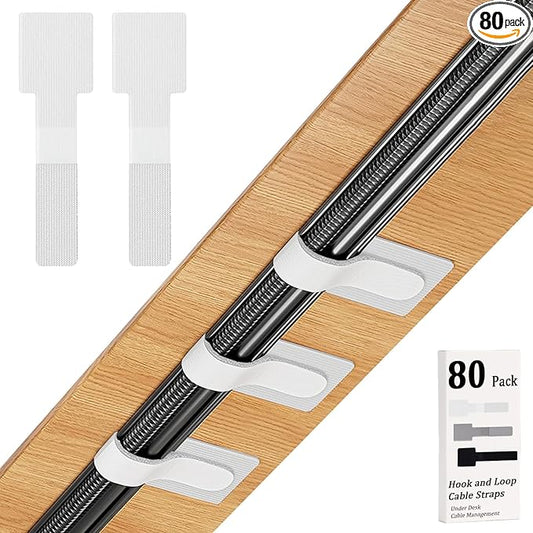 80PCS Hook and Loop Cable Straps, Cable Management Under Desk, Adhesive Cable Ties, Reusable Wire Organizers for Cords, Cords Management, Computer Accessories for Desk, Home Office Essentials, White
