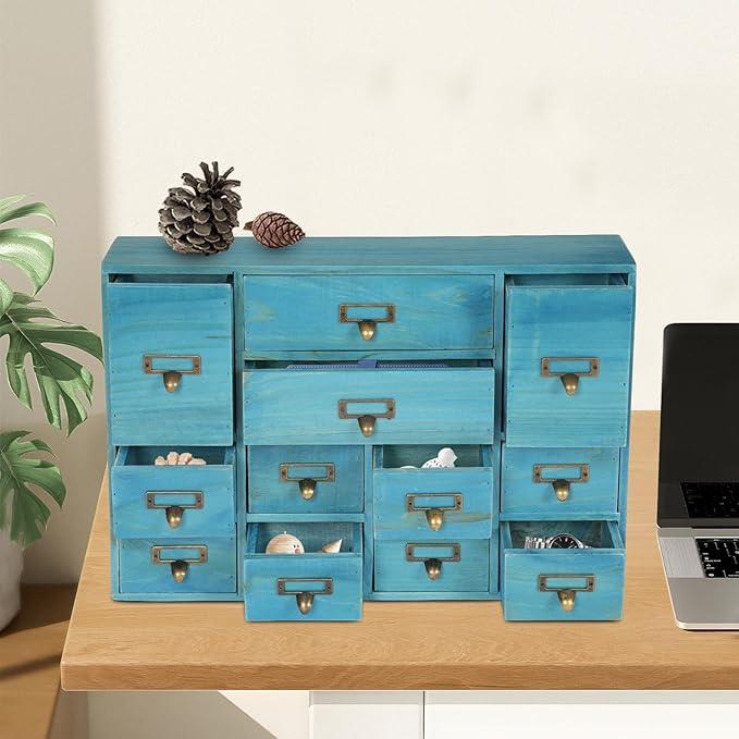Vintage Desktop Apothecary Cabinet with 12 Drawers,Wood Desktop Organizers Stackable Drawers Desktop Chest Drawer for Herb Storage,Tea Collection,Stationery (12 Drawers,Blue)