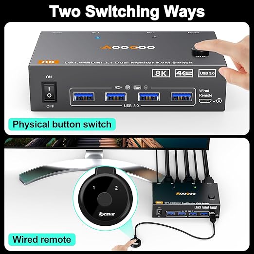 HDMI DP2.1 KVM Switch 2 Monitors 2 Computers, 8K@60Hz/4K@144Hz KVM Switch for 2 PC Sharing 2 Monitors, Keyboard, Mouse, with 2 USB3.0 Cables, Wired Controller and Power Adapter
