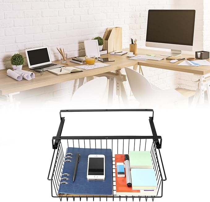 QWORK 2 Pack Under Desk Drawer -Slide Out- Metal Under-Desk Storage Organizer, Under Table Cord Management Organizer Storage Shelf Tray Basket (12.6'' x 9.3'' x 5.1'')