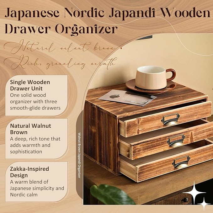 Stackable Modular Desktop Drawer Organizer, Solid Vintage Wood 3-Drawer Storage Unit with Label Pull Handles, Burnt Aged Wooden Japandi Style, Expandable by Adding More Units for Clutter-Free Spaces