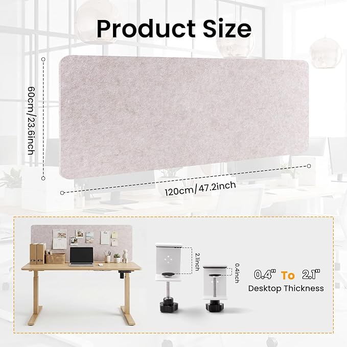 Desk Divider, Clamp On Felt Desk Privacy Panels, Acoustic Sound Absorbing Desk Partition for Office Desk, Reduce Distractions, Oatmeal, 1 Pack, 24 x 48 in