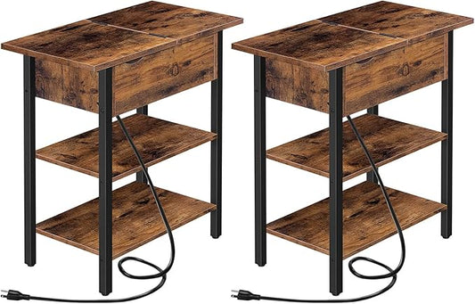 HOOBRO Set of 2 End Tables, Side Table with Charging Station, Flip Top Nightstand with USB Ports and Outlets, Bedside Tables with Shelf for Small Spaces, Living Room, Bedroom, Rustic Brown BF341BZP201
