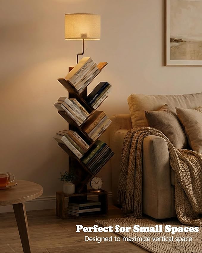 6 Tier Tree Bookshelf with Lights - Small Bookshelf Decor, Corner Bookshelf with Lamps, Living Room Storage, Tall Narrow DVD & CD Shelf, Comic Bookcases Standing for Bedroom or Office, Rustic Brown