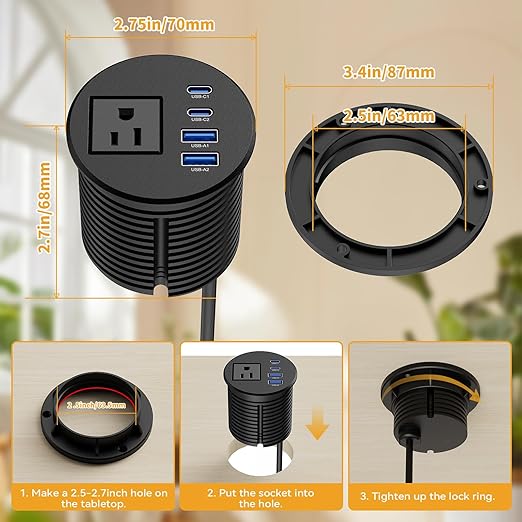 2.5-inch Desk Power Grommet, Recessed Power Grommet with 20W USB C, 1 Outlet, Flush Mount Power Outlet for Desktop Conference Room Furniture Table, Black