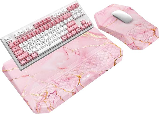 3-in-1 Ergonomic Keyboard Stand with Wrist Rest & Mouse Pad Set, Comfy Keyboard Riser Holder Soft Mousepad with Massage Design, Memory Foam and Non-Slip PU Base for Pain Relief, Pink Marble