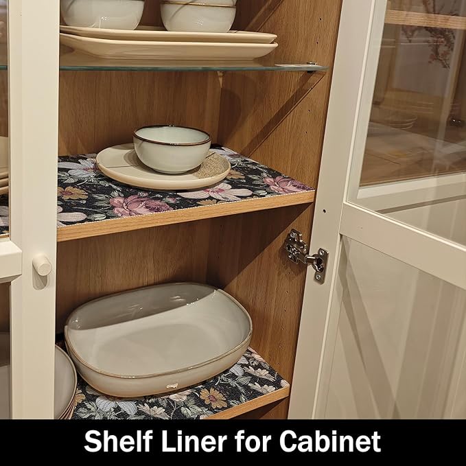 Black Retro Floral Shelf Drawer Liner for Kitchen Cabinets Non-Adhesive, Waterproof Strong Non-Slip Shelf Cabinet Drawer Liners for Dresser Table Cupboard Liners,Easy to Clean,12IN x 10FT