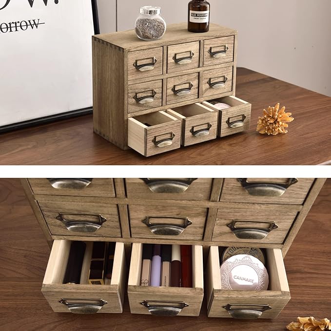 KIRIGEN Wooden Desk Storage Cabinet with 9 Mini Drawers, Solid Wood Desktop Organizer with Metal Label Handles for Office Supplies, Crafts, Tea Bags, Makeup, Brown 9CG-DBR