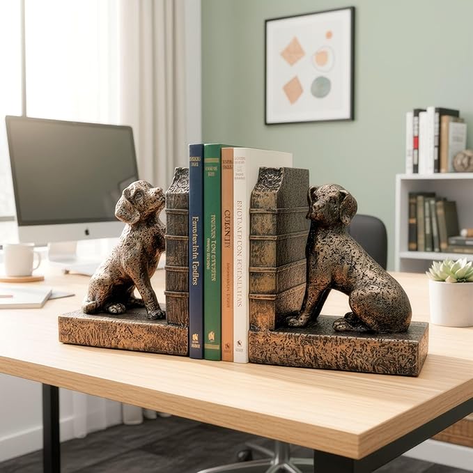 Tatuo 2 Pcs Decorative Dog Bookends for Shelves, Vintage Old-Money Book Ends for Heavy Books Labrador Dog Animal Stopper Retriever Statues with Anti-Slip Base for Book Lover Home Office Bookshelf