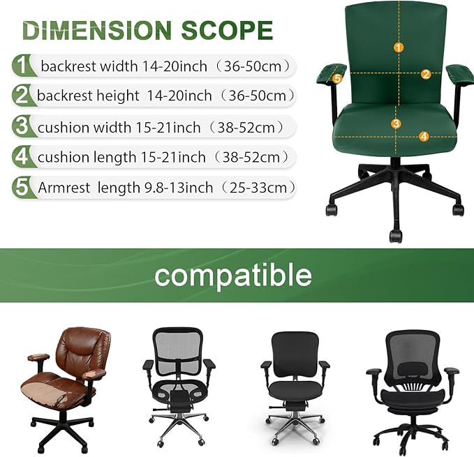 Tallew 4 Pcs Office Chair Covers Set Computer Universal Protective Stretchable Chair Seat Covers Desk Armrest Cover Pads Office Cushion Backrest for Rotating(Regular,Dark Green)