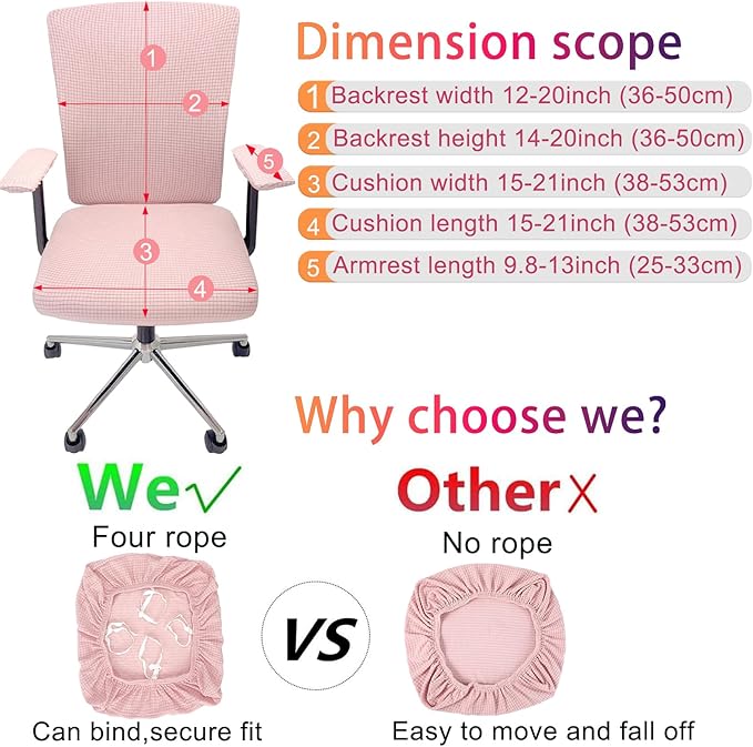 4Pcs Office Chair Covers Stretchable Set Desk Chair Cover Computer Chair Cover with 4 Non-Slip Elastic Straps Protective Armrest Slipcovers Pads Backrest Cushion for Rotating Chair (Pink)