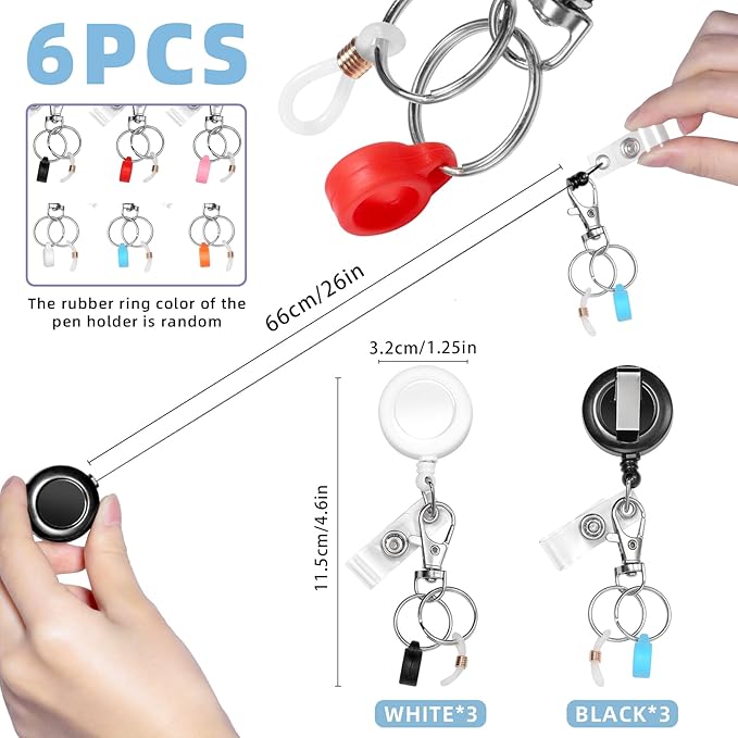 6 Pcs Pen Holders - Retractable Badge Reel, Pen Clip for Lanyard, Nurse ID Badge Holder, Office Hospital Accessories