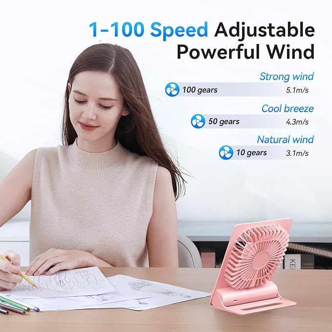 Desk Fan, 6.61''Ultra-thin Battery Powered Fan with Powerful Wind,100 Speeds Adjustable&Digital Display,Timer,Ultra-quiet Small Portable Fan for Bedroom,Office,Travel (Pink and Black, 5000mAh)