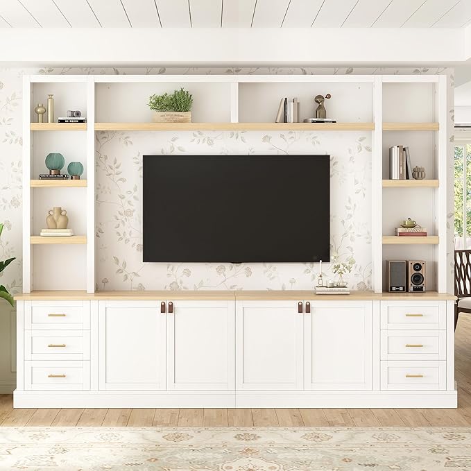 102.3"W Farmhouse 4-Piece Entertainment Center Wall Unit with Adjustable Shelves, Modern Large TV Stand with Bookshelves for TVs Up to 75", Rustic Media Console with 6 Drawers for Living Room, White