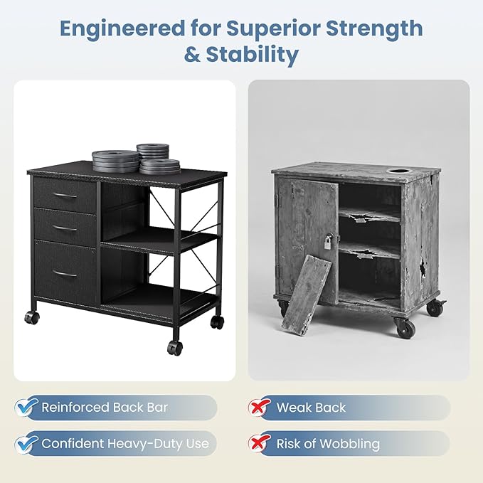 DUMOS File Cabinet, Mobile Storage Cabinet with 3 Drawers and Back Support Bar, Spacious Printer Stand with Storage Supporting 198 lbs for Home Office, Black