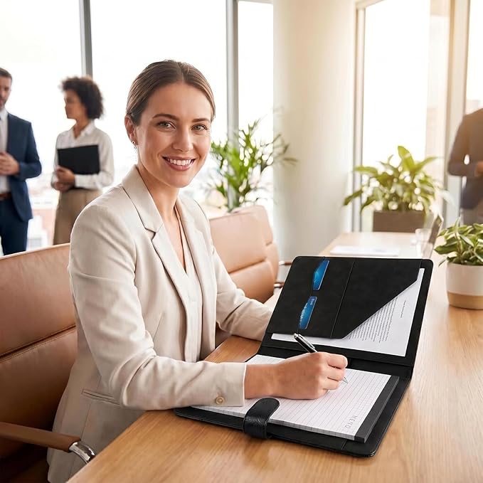 Portfolio Padfolio Binder, Faux Leather Professional Document Organizer with Business Card Holder, Letter-Sized Notepad Legal Pad Holder, Durable Executive Folder for Interviews, Meeting (Black)