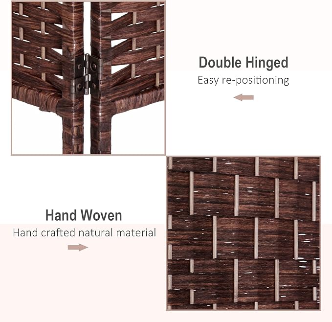 HOMCOM Room Divider 6 Panel, 6FT Tall Folding Privacy Screen, Freestanding Hand-Woven Partition for Room Separation with 360° Hinges, Paper Rope Diamond Weave, Brown