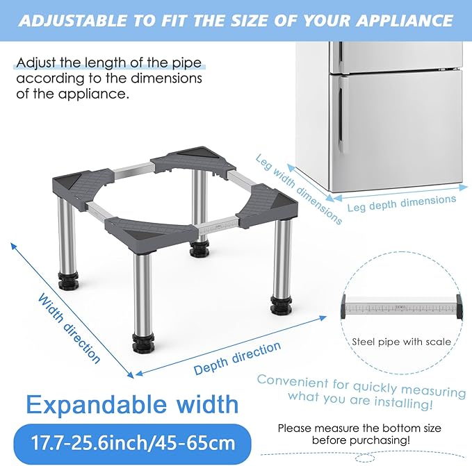 Mini Fridge Stand Height 13"-14.2" Adjustable Refrigerator Washing Machine Stand Base with 4 Strong Feet Anti-Vibration Washer Dryer Stand Laundry Pedestal Universal Appliance Stand Load 660LB-Gray