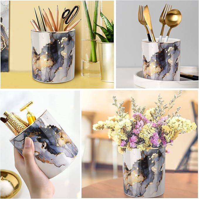 WAVEYU Marble Pencil Holder, Durable Ceramic Desk Organizer Office Supplies,Desktop Stationary Organizer,Multi-Functional Pencil Storage for Desktop Accessories,Office,Classroom,Home,Gray Gold