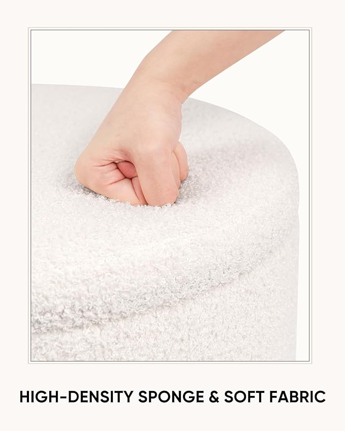 18" Tall Round Boucle Storage Ottoman, Sherpa Teddy Fabric Ottoman Footstool with Wooden Tray Reversible Lid, Folding Footrest with Storage for Living Room, Bedroom, Dorm, White