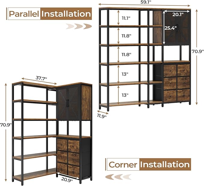 HAUOMS Corner Bookshelf, 6 Tier Industrial Convertible Bookshelf with 6 Fabric Drawers, Corner Bookcase Large L Shaped Storage Display Shelf for Home Office, Living Room, Kitchen, Rustic Brown