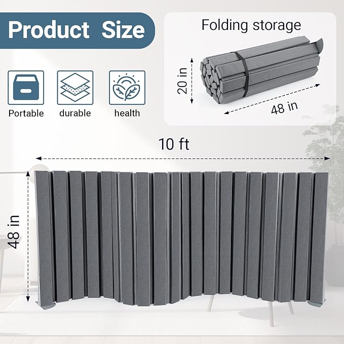 AmazingSpark 1 Pcs 48" X 10' Soundproof Room Divider Panel, Foldable Acoustic Partition Wall with Stand and Straps, Freestanding Privacy Screen for Office Study Bedroom Studio Library(Grey)