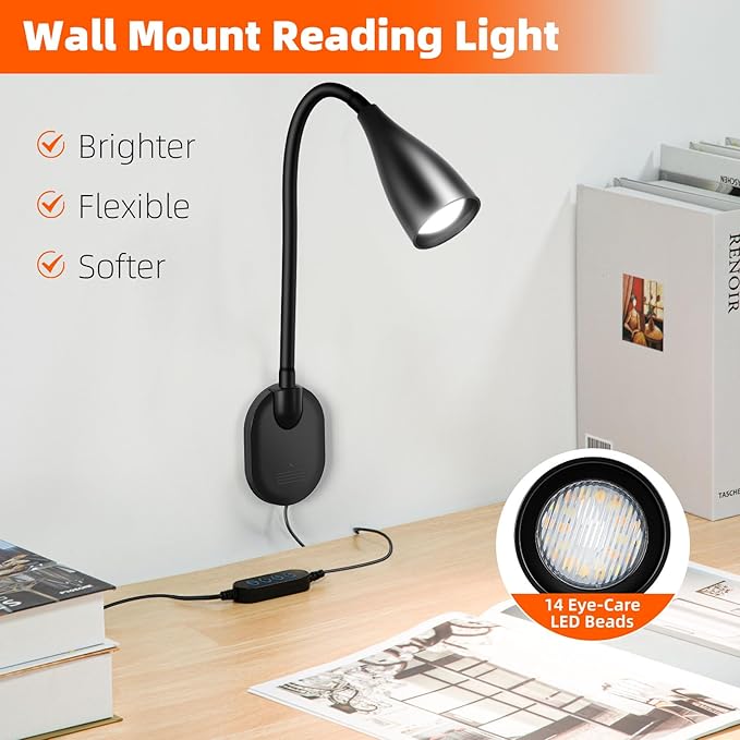 2 Pack LED Wall Mounted Bedside Reading Light, 3 Color Modes,10 Brightness Dimmable, USB Charging Port, Memory Timer Adhesive Wall Light Night Lamp for Books in Bed, Eye-Caring Bedroom Lighting Black