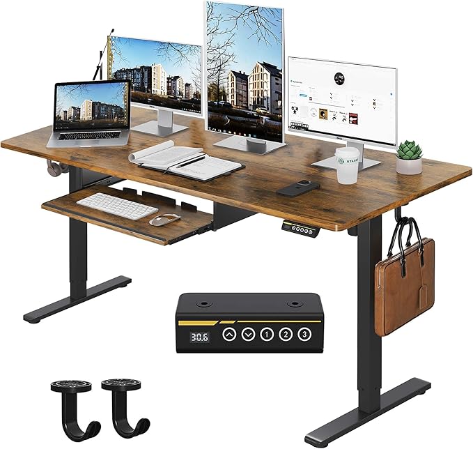 Electric Standing Desk with Keyboard Tray,55x24 inches Adjustable Height Stand Up Desk,3 Preset Heights,Equipped with Hooks,Raising Desks for Home Office and Computer Workstation,Brown