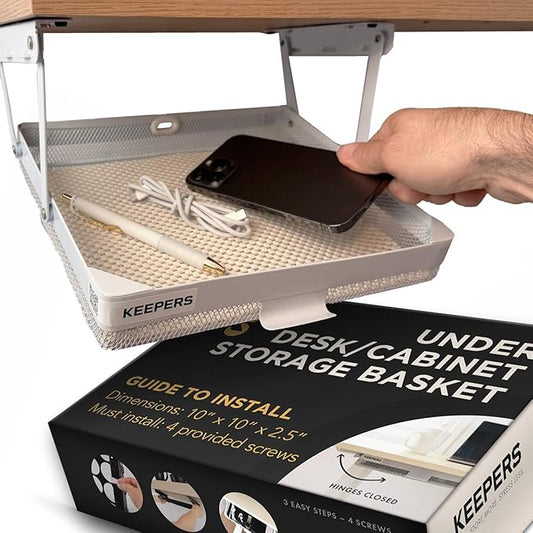 Keepers - Organizer for Home, Kitchen, Bathroom, RV, Small Spaces - Storage Organizers - Compact Metal Basket - Under Cabinet Holder - Easy Install - Holds Strong - Fits in 11x10x2in - White