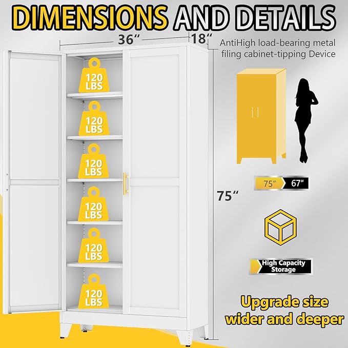 PAOFIN Metal Tall Storage Cabinet with 2 Doors and 5 Adjustable Shelves, 75" Metal Garage Storage Cabinets, File Cabinet,Steel Tool Cabinets for Home,Office,Garage,School,Warehouse (White)