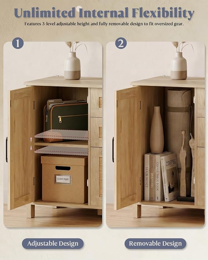 Lateral File Cabinets for Home Office, 3 Drawer and 2 Doors Filing Cabinet with Lock, Wide Rattan Filing Organization Cabinets with Printer Stand, Adjustable Storage Shelves/Hanging Bars, Natural Wood