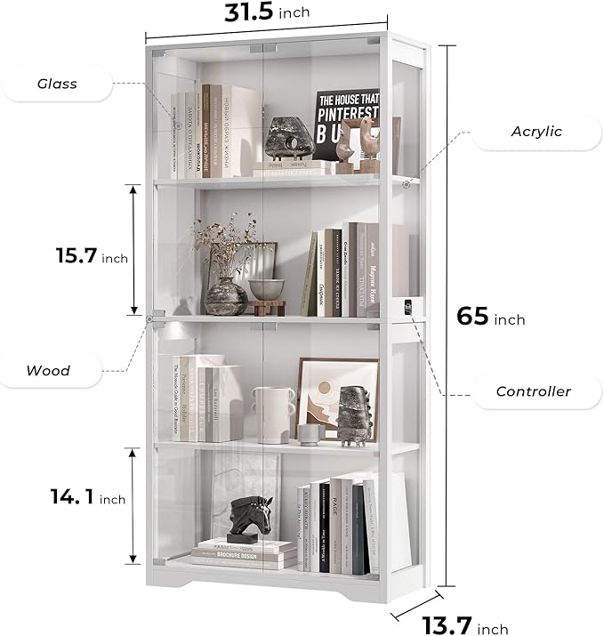 BROTTAR Display Cabinet with Glass Doors, 4-Tier Curio Cabinet with 3 Color Lights for Collectibles, Glass Display Case with Human Body Sensor, Bookcase with 4 Shelves, Storage Cabinets, White