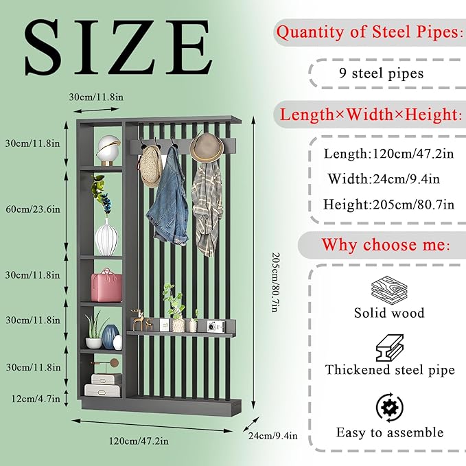 Wall Room Divider - Freestanding Wood Room Divider with Shelves and Coat Rack, Wall Divider with Storage Cabinet and Display Shelf, Freestanding Decor for Bedroom, Office